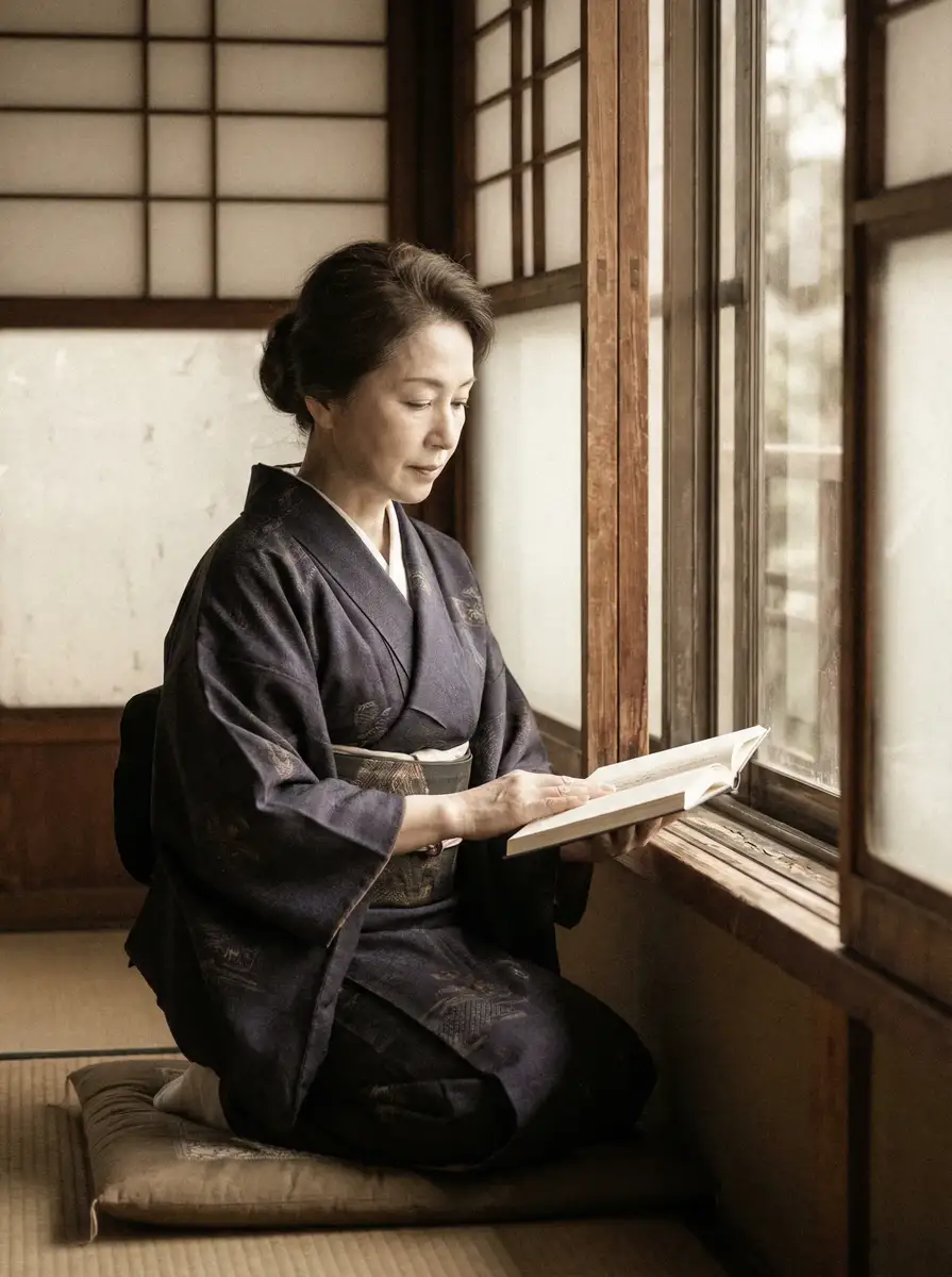 一位优雅的五十岁 杏彩体育网站 身穿深蓝色和服，在窗边静读